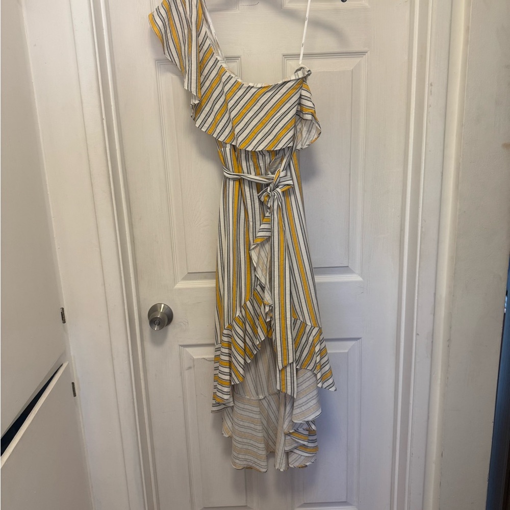 Lulu's Yellow and White Striped One-Shoulder Dress